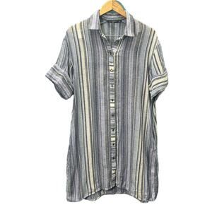 Zara Size Medium Blue White Striped Button Shirt Down Dress Wool Cotton Blend